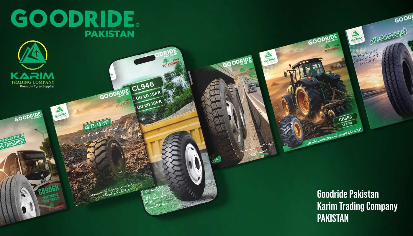 Goodride Pakistan tyre posts for Karim Trading Company shown on a phone and social cards