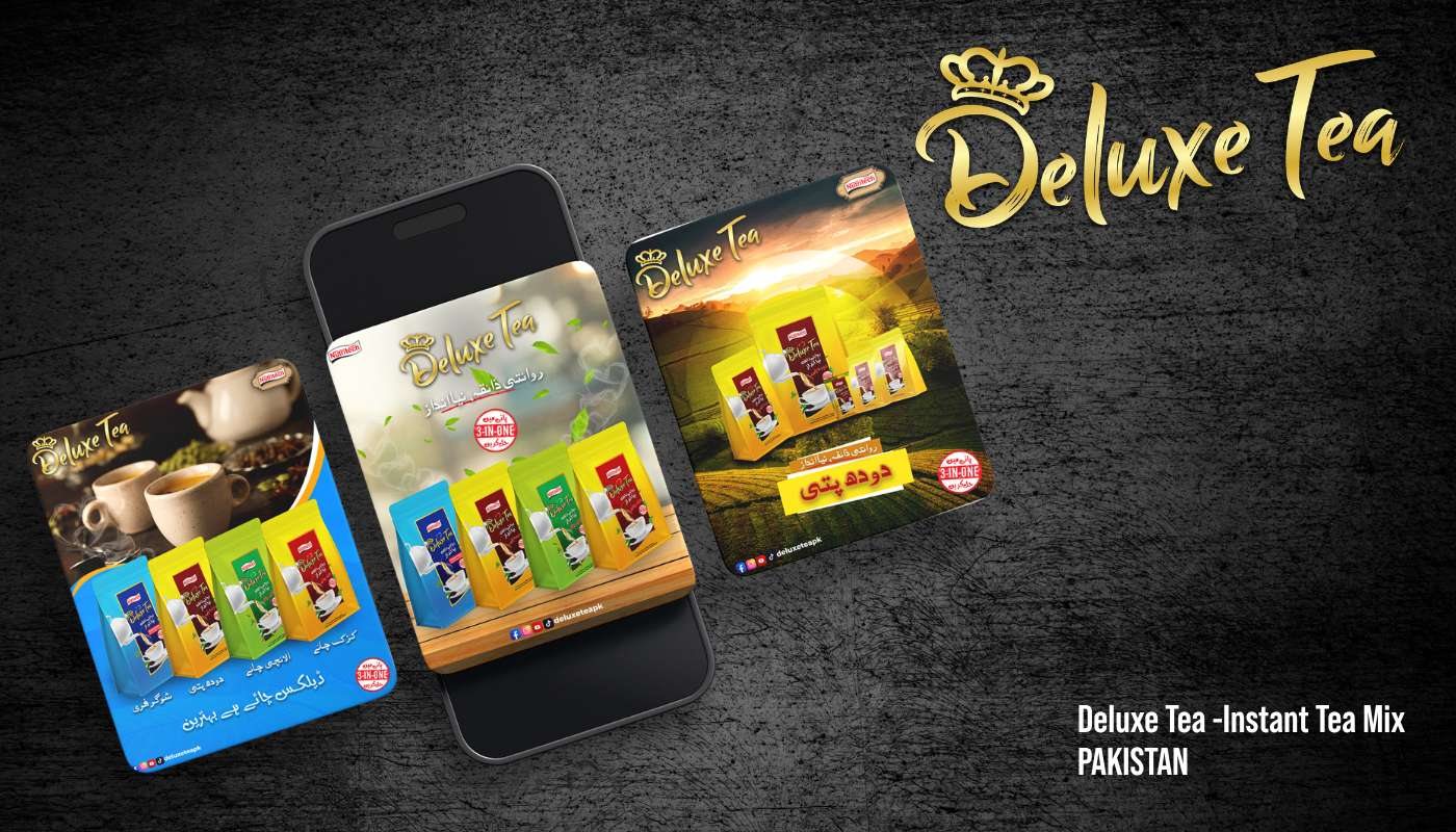 Deluxe Tea instant tea mix social media posts shown on a phone and social cards