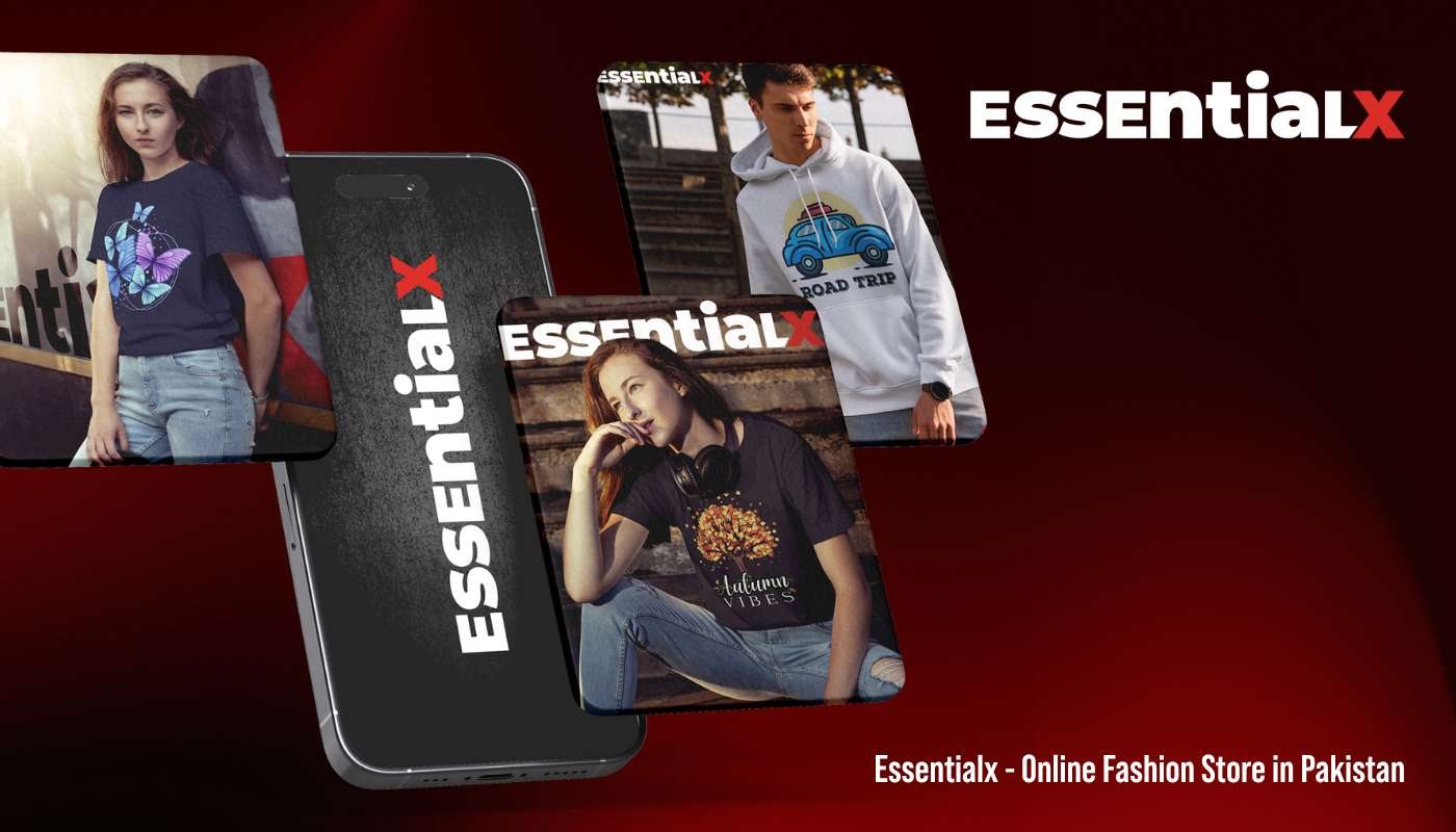 Essentialx online fashion store social media posts shown on a phone and social cards