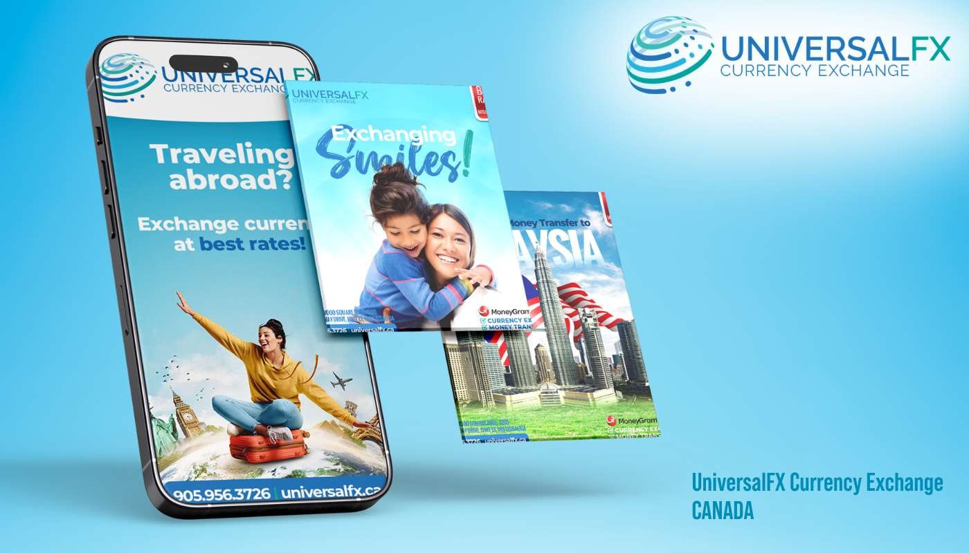 UniversalFX Currency Exchange social media posts shown on a phone and social cards